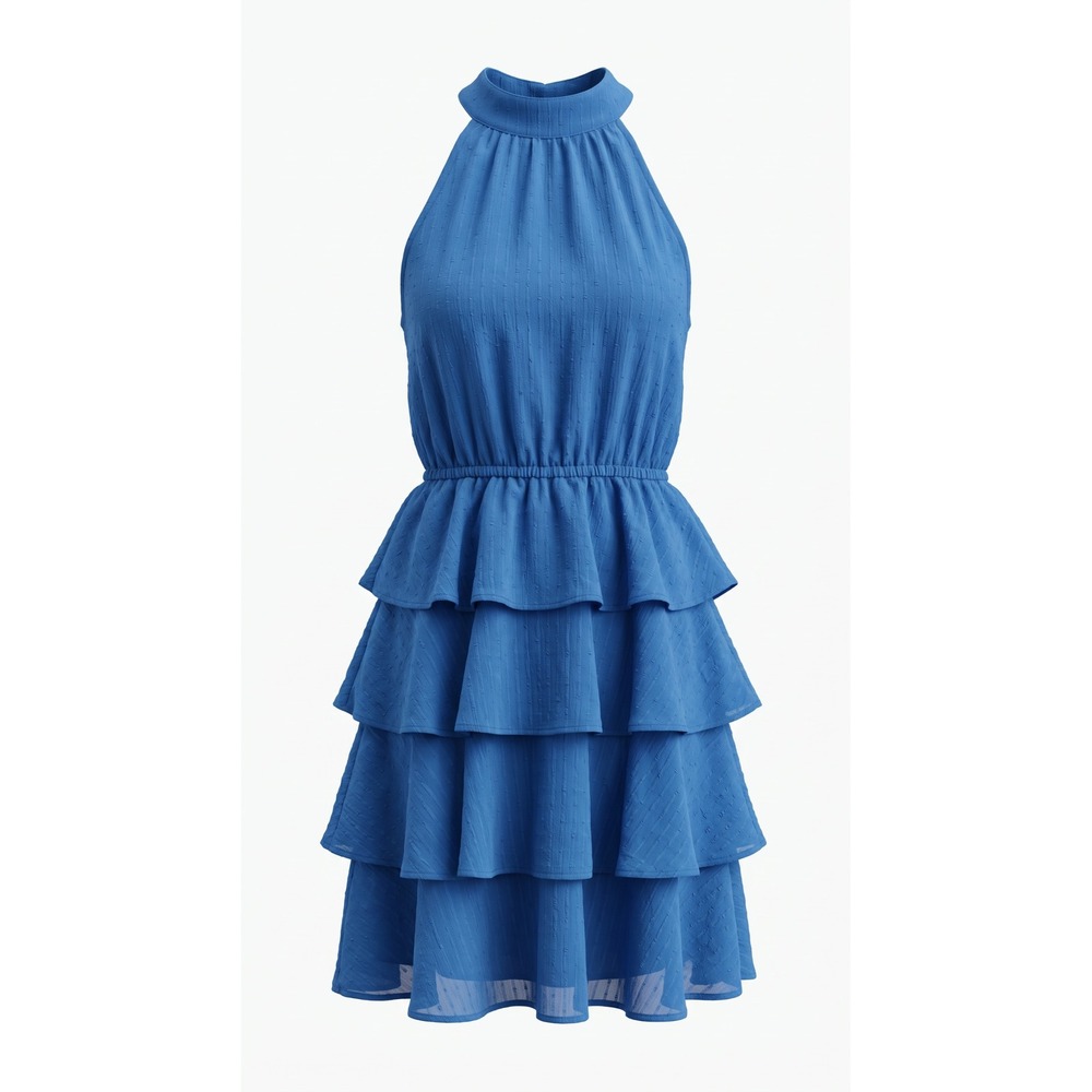Shein Blue Halter Neck Tiered Ruffle Mini Dress Size S Textured Sleeveless